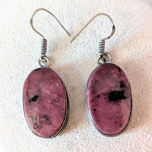 Sterling Silver Rhodonite Stone Earrings 925 Dark Rose Pink Black Fish Hook Wire